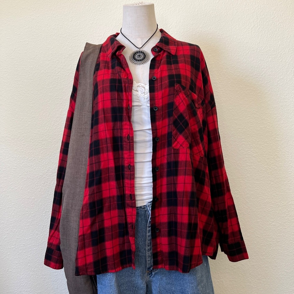 Indie Sleaze Skater Grunge Plaid Shirt Button Up Long Sleeve Dad Red‎ Black L